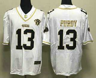 Men%27s San Francisco 49ers #13 Brock Purdy White Gold With 75th Anniversary Patch Stitched Jersey